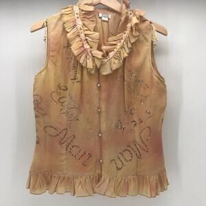 YY Silk Top Vest Womens Large Tan Crystal Sleeveless Ruffle Pearl Closure